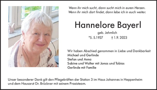 Traueranzeige von Hannelore Bayerl von Starkenburger Echo