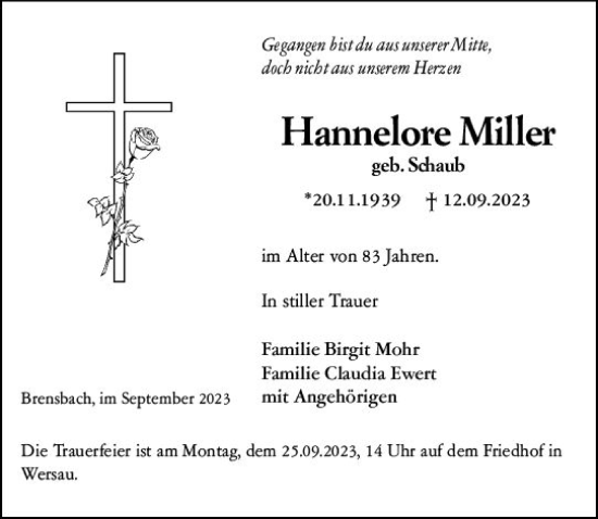 Traueranzeige von Hannelore Miller von Odenwälder Echo