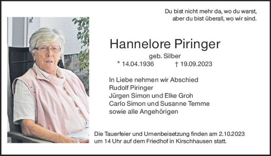 Traueranzeige von Hannelore Piringer von Starkenburger Echo