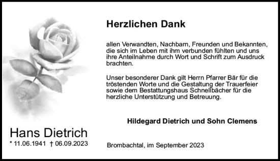 Traueranzeige von Hans Dietrich von Odenwälder Echo