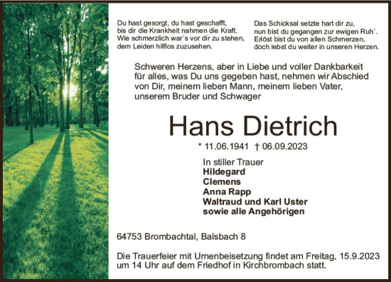 Traueranzeige von Hans Dietrich von Odenwälder Echo