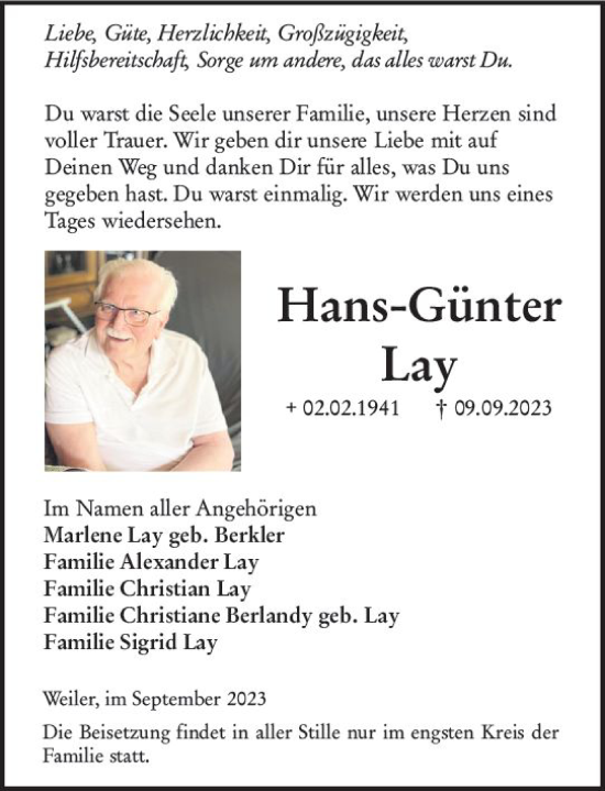 Traueranzeige von Hans-Günter Lay von Allgemeine Zeitung Bingen/Ingelheim
