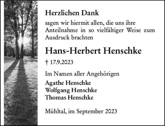 Traueranzeige von Hans-Herbert Henschke von Darmstädter Echo