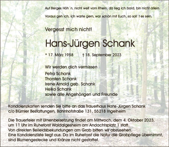 Traueranzeige von Hans-Jürgen Schank von Allgemeine Zeitung Bingen/Ingelheim