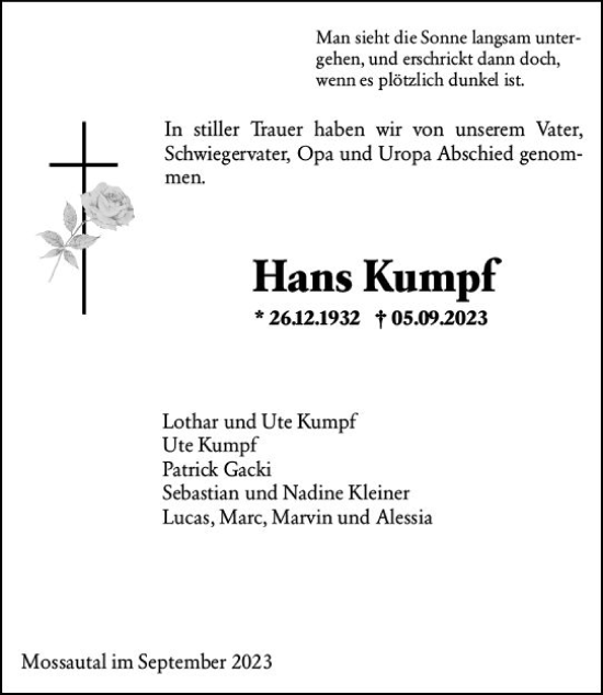 Traueranzeige von Hans Kumpf von Odenwälder Echo