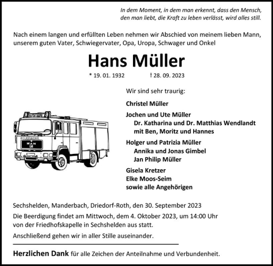 Traueranzeige von Hans Müller von Dill Block