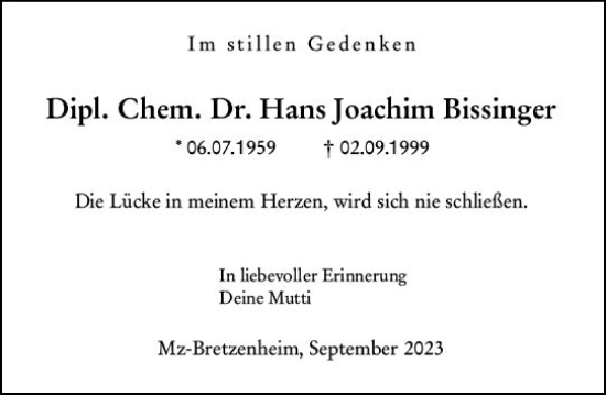 Traueranzeige von Hans Joachim Bissinger von Allgemeine Zeitung Mainz