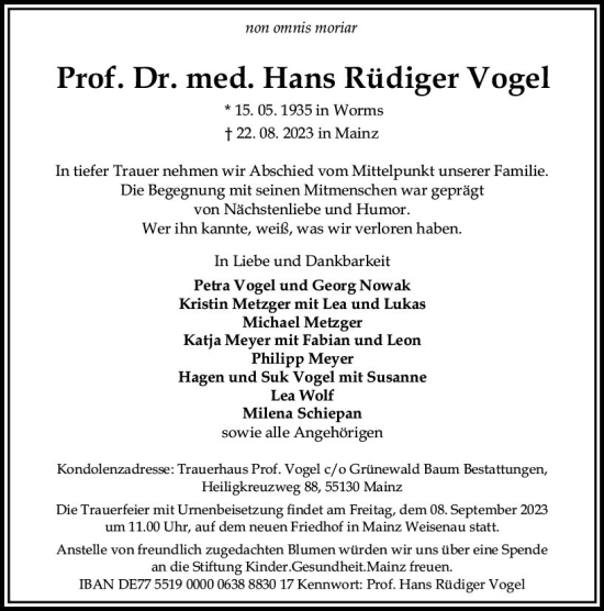 Traueranzeige von Hans Rüdiger Vogel von Allgemeine Zeitung Mainz