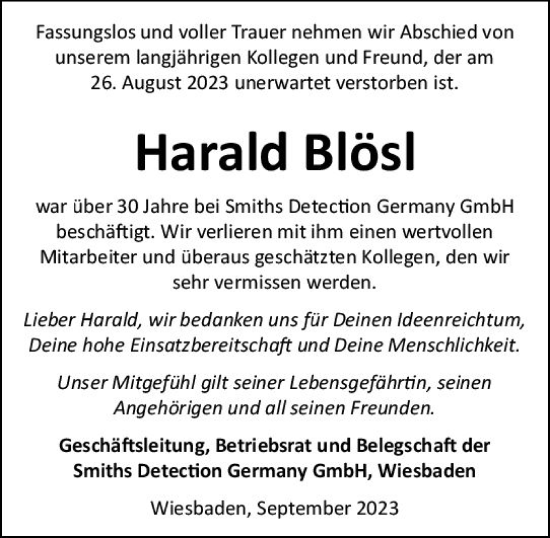 Traueranzeige von Harald Blösl von Wiesbadener Kurier