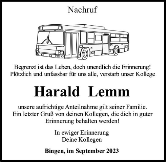 Traueranzeige von Harald Lemm von Bingen/Ingelheim WOBL inkl. Neue Binger Ztg.