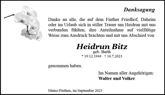 Traueranzeige von Heidrun Bitz von Allgemeine Zeitung Mainz