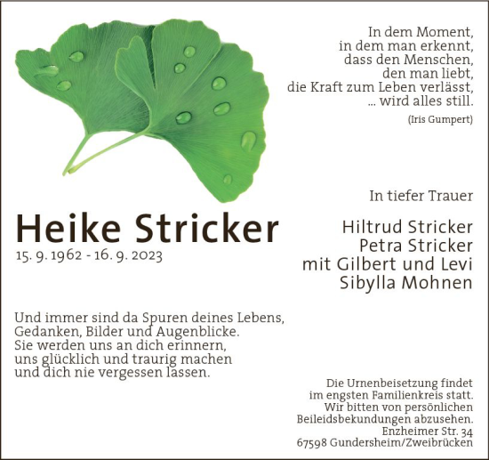 Traueranzeige von Heike Stricker von Allgemeine Zeitung Alzey