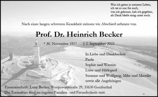 Traueranzeige von Heinrich Becker von Wetzlarer Neue Zeitung