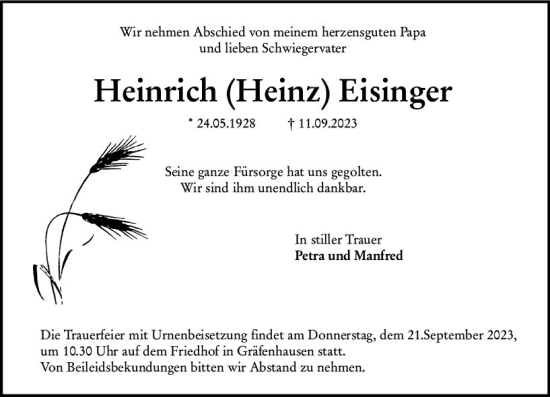 Traueranzeige von Heinrich Eisinger von Darmstädter Echo