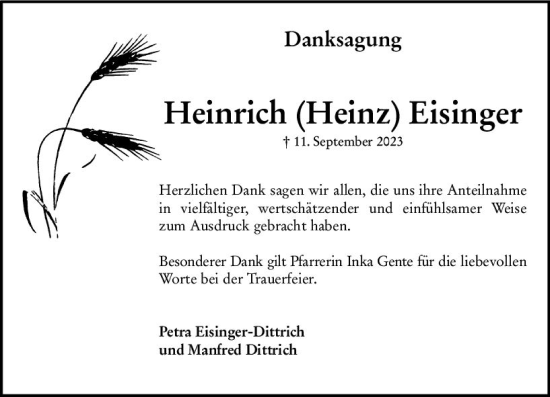 Traueranzeige von Heinrich Eisinger von Darmstädter Echo