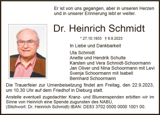 Traueranzeige von Heinrich Schmidt von Dieburger Anzeiger/Groß-Zimmerner Lokal-Anzeiger