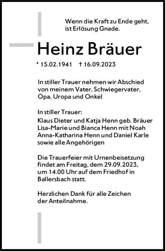 Traueranzeige von Heinz Bräuer von Dill Block