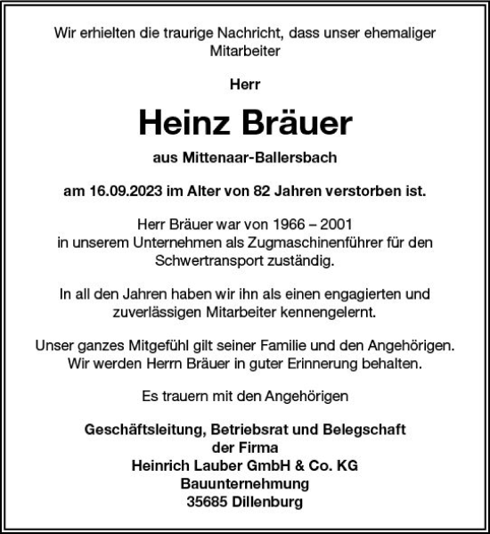 Traueranzeige von Heinz Bräuer von Dill Block