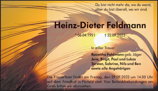 Traueranzeige von Heinz-Dieter Feldmann von Allgemeine Zeitung Bad Kreuznach