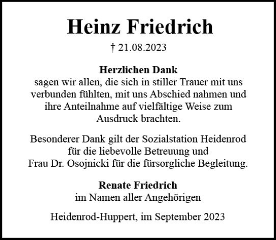 Traueranzeige von Heinz Friedrich von Idsteiner Land/Untertaunus