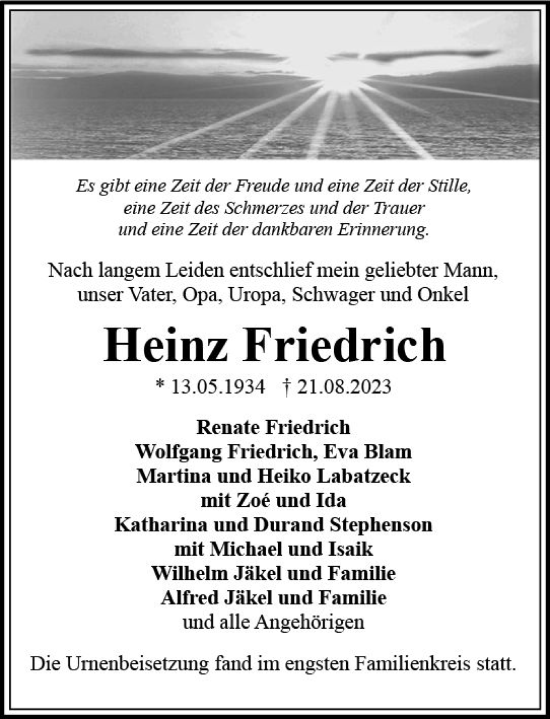Traueranzeige von Heinz Friedrich von Idsteiner Land/Untertaunus