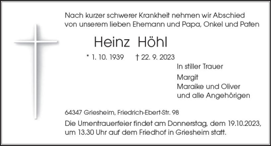 Traueranzeige von Heinz Höhl von Darmstädter Echo