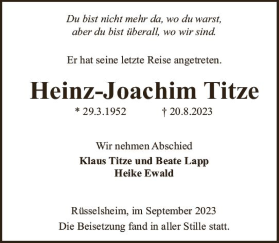 Traueranzeige von Heinz-Joachim Titze von Rüsselsheimer Echo