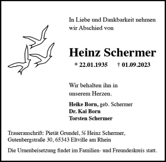 Traueranzeige von Heinz Schermer von Rheingau Kurier