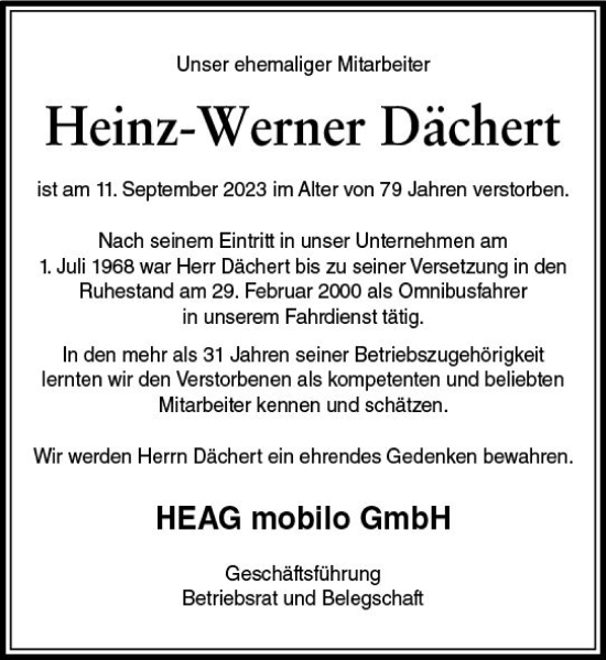 Traueranzeige von Heinz-Werner Dächert von Darmstädter Echo