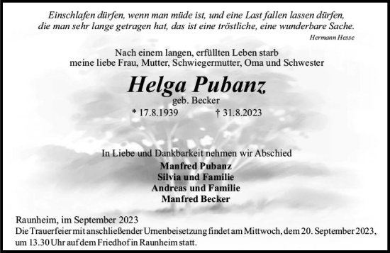 Traueranzeige von Helga Pubanz von Rüsselsheimer Echo