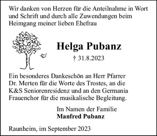 Traueranzeige von Helga Pubanz von Rüsselsheimer Echo