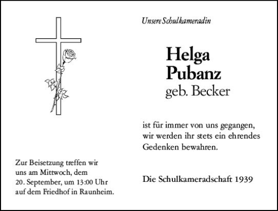 Traueranzeige von Helga Pubanz von Rüsselsheimer Echo