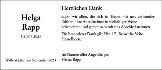 Traueranzeige von Helga Rapp von Groß-Gerauer Echo