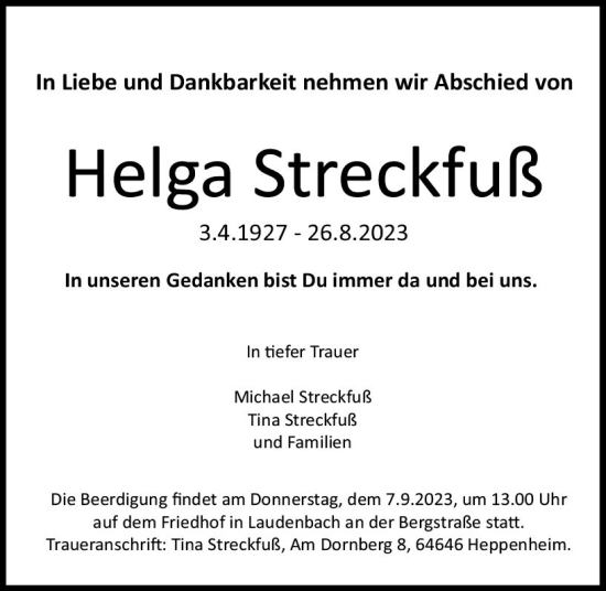 Traueranzeige von Helga Streckfuß von Starkenburger Echo