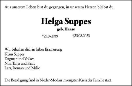 Traueranzeige von Helga Suppes von Darmstädter Echo