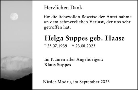 Traueranzeige von Helga Suppes von Darmstädter Echo