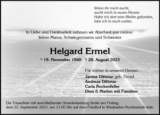 Traueranzeige von Helgard Ermel von Wiesbadener Kurier