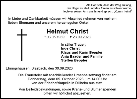 Traueranzeige von Helmut Christ von Wetzlarer Neue Zeitung
