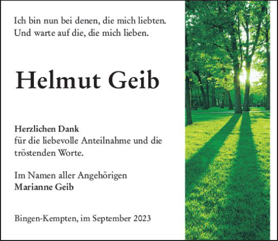 Traueranzeige von Helmut Geib von Allgemeine Zeitung Bingen/Ingelheim