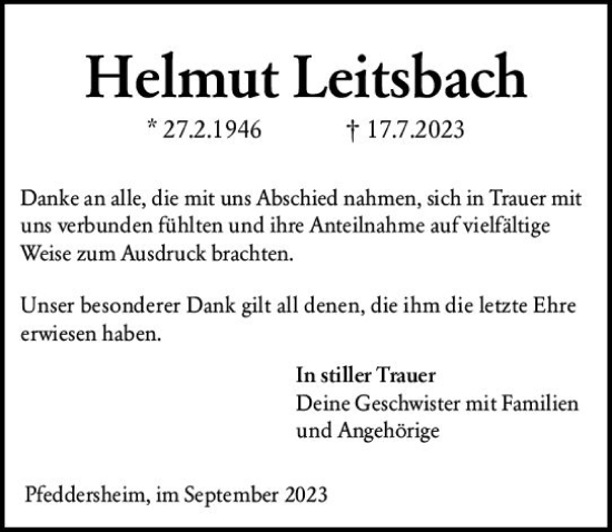 Traueranzeige von Helmut Leitsbach von Wormser Zeitung