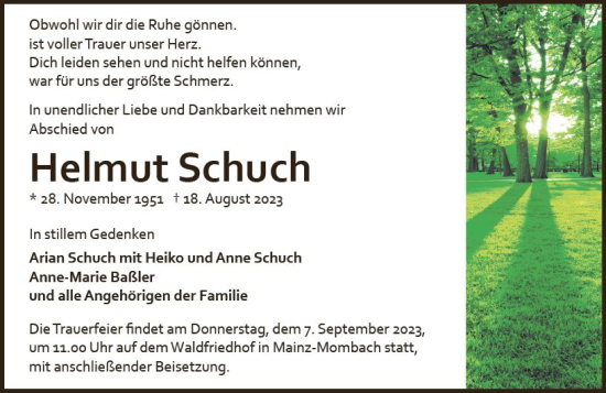 Traueranzeige von Helmut Schuch von Allgemeine Zeitung Mainz