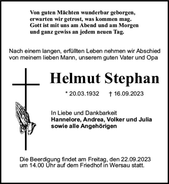 Traueranzeige von Helmut Stephan von Odenwälder Echo