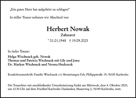 Traueranzeige von Herbert Nowak von Dill Block