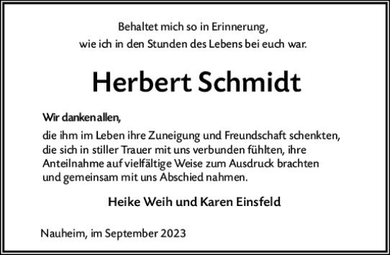 Traueranzeige von Herbert Schmidt von Rüsselsheimer Echo