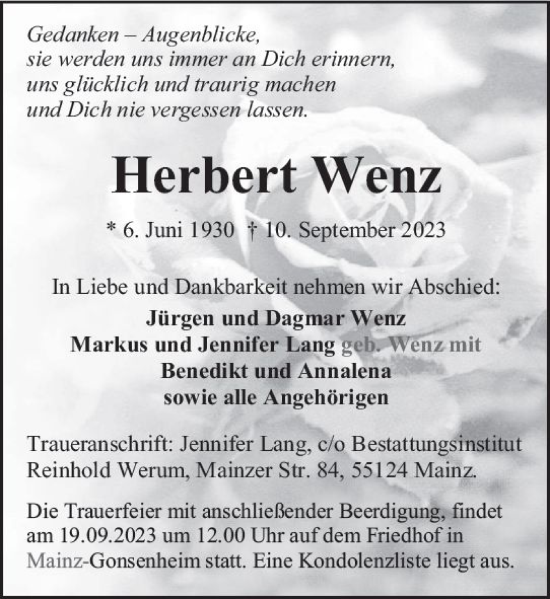 Traueranzeige von Herbert Wenz von Allgemeine Zeitung Mainz
