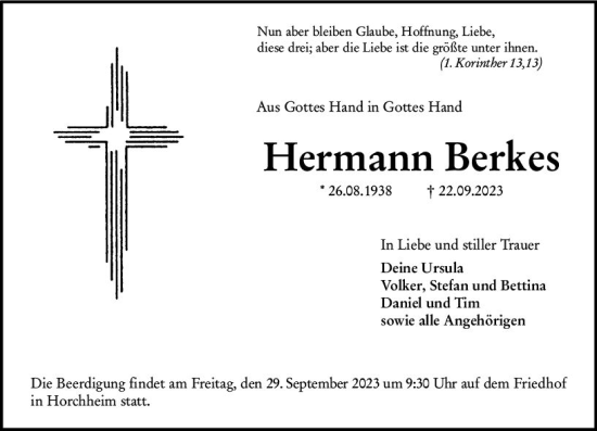 Traueranzeige von Hermann Berkes von Wormser Zeitung