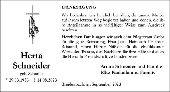 Traueranzeige von Herta Schneider von Hinterländer Anzeiger