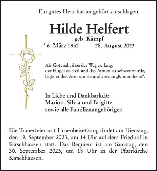 Traueranzeige von Hilde Helfert von Starkenburger Echo