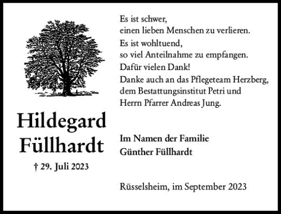 Traueranzeige von Hildegard Füllhardt von Rüsselsheimer Echo
