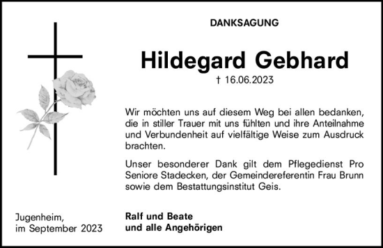 Traueranzeige von Hildegard Gebhard von Allgemeine Zeitung Mainz